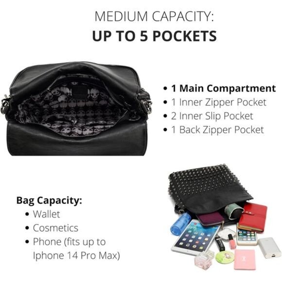 Studded Skull Bag for Women,Vegan Leather Punk Rock Rivet Bag,Shoulder Bag H1417 - Picture 4 of 7